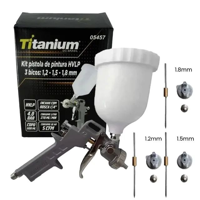 Pistola HVLP Pintura Por Gravidade + 3 Bicos 1,2mm 1,5mm 1,8mm Titanium - Foto 5