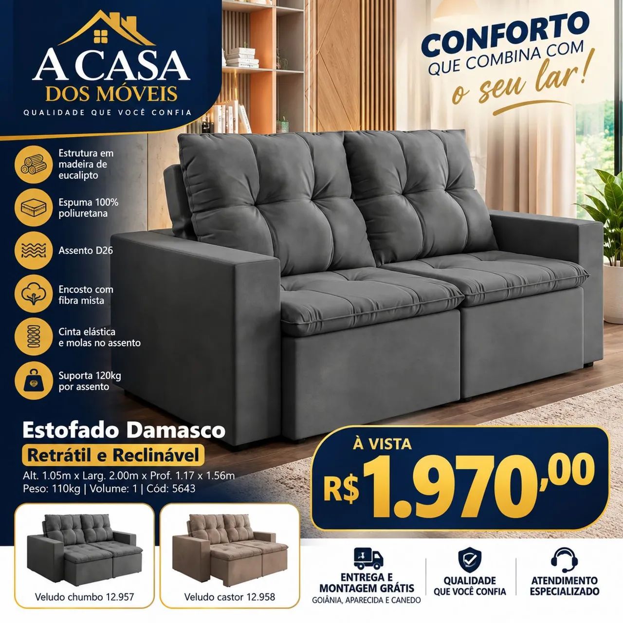 Sofá Retrátil damasco 2.00m