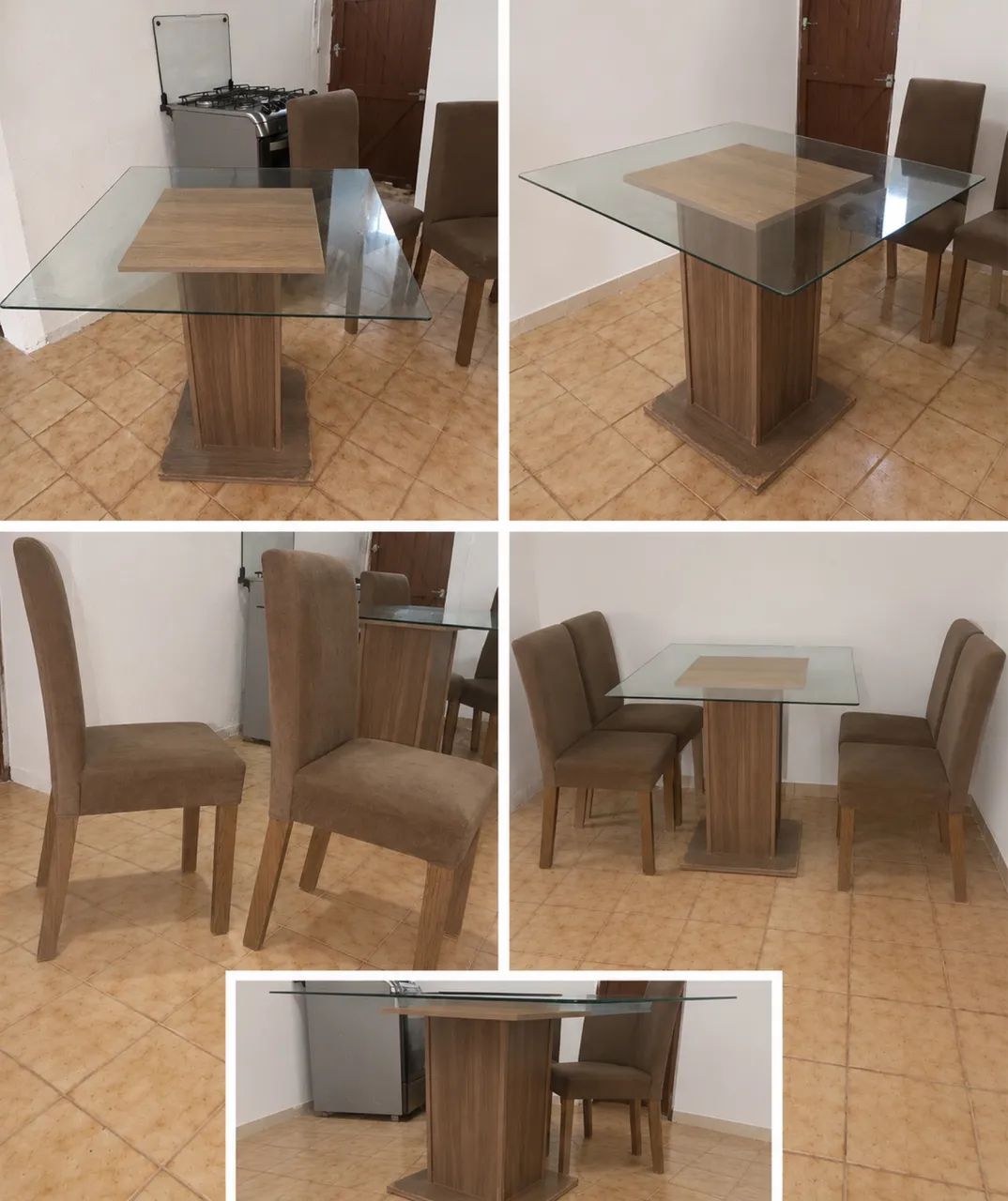 Mesa de jantar com tampo de vidro + 4 cadeiras estofadas