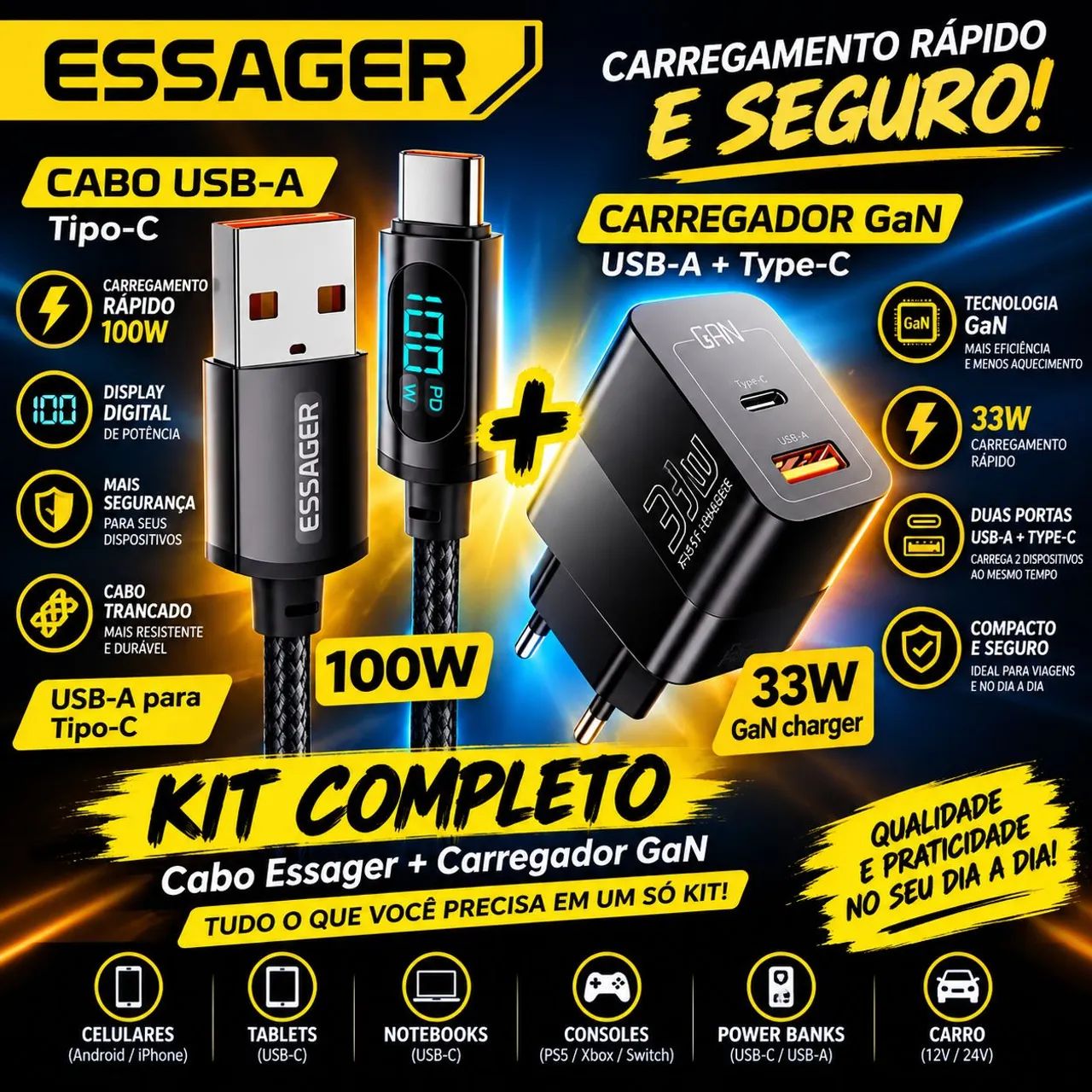 Kit Carregador Rápido Turbo+Cabo USB Visor Essager Celular Tablete 