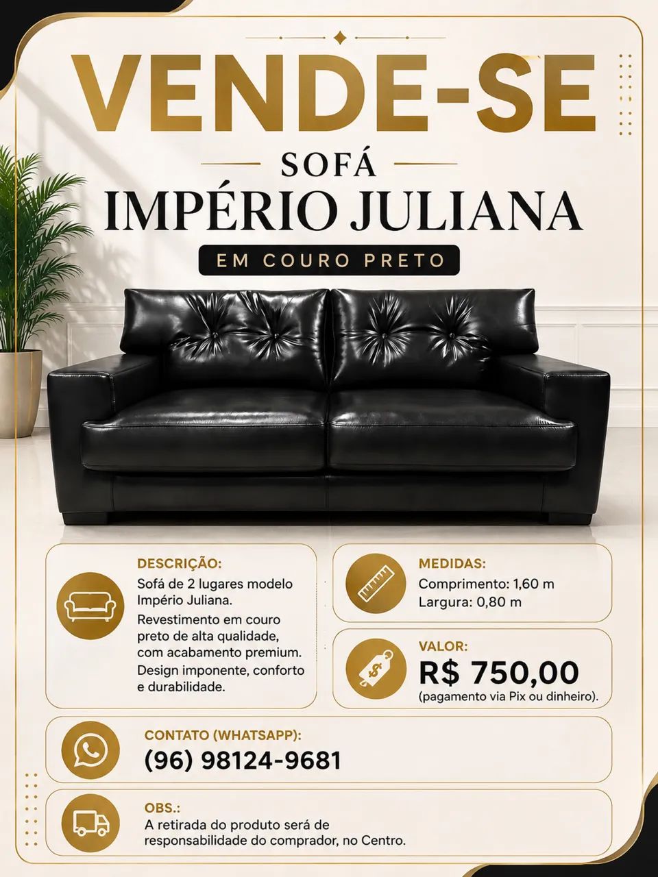 Sofá Império Juliana em couro preto