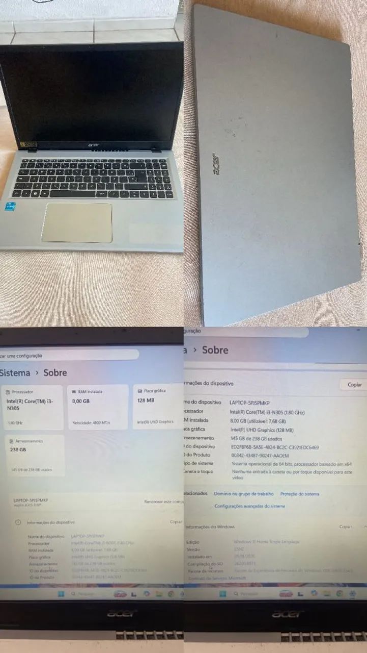 Notebook acer intel core i3 (256gb 8 GB ram )