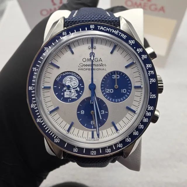 Omega Speedmaster Snoopy Automático 42mm Azul Prata + 2 Pulseiras