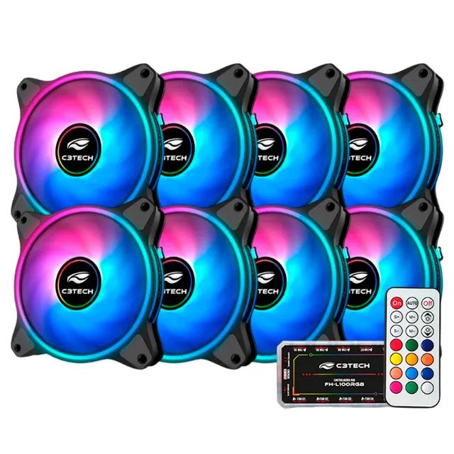  Kit 8 Cooler Fan 120mm C3Tech C110F250 com Controladora e Controle ARGB 3P 5V - WZetta