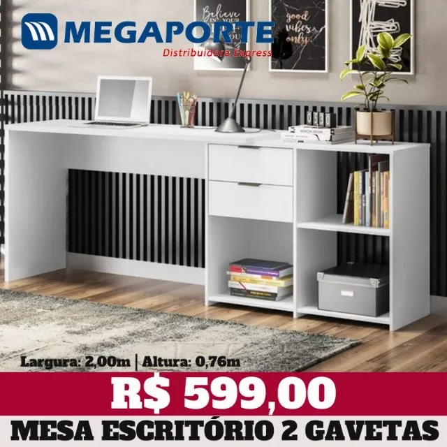 Mesa Escritório 2,00m Office 2 Gavetas 3 Nichos (Novo) Entrega Grátis!