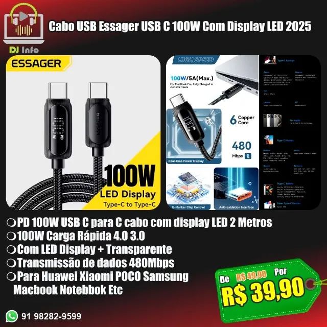 Cabo USB Essager USB C 100W Com Display LED 2025