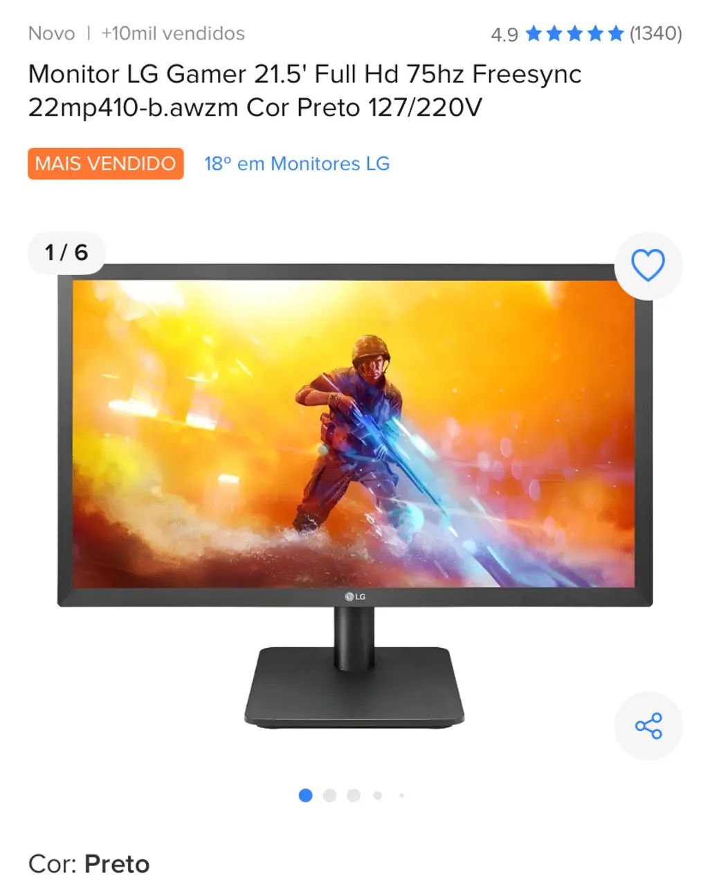 Monitor LG Gamer 21.5' Full Hd 75hz Freesync 22mp410-b.awzm Cor Preto