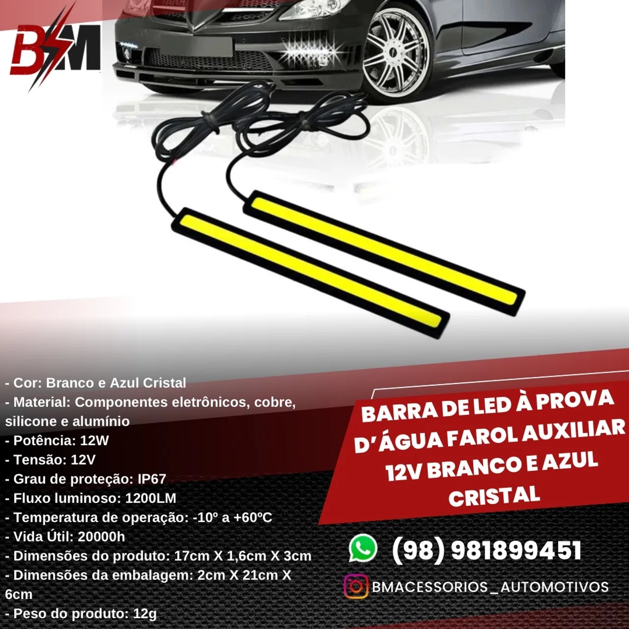 Barra de Led A Prova D?água Farol Auxiliar 12v Branco e Azul Cristal