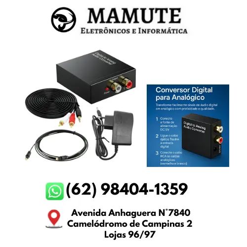 Conversor De Áudio Digital Para Rca Analógico + Cabo Óptico + RCA