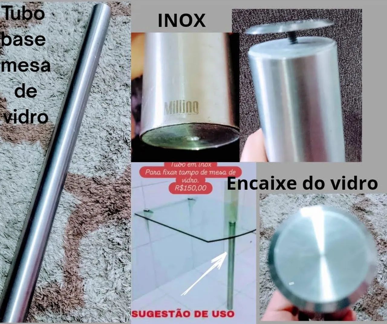 Base de mesa em inox para tampo de vidro.