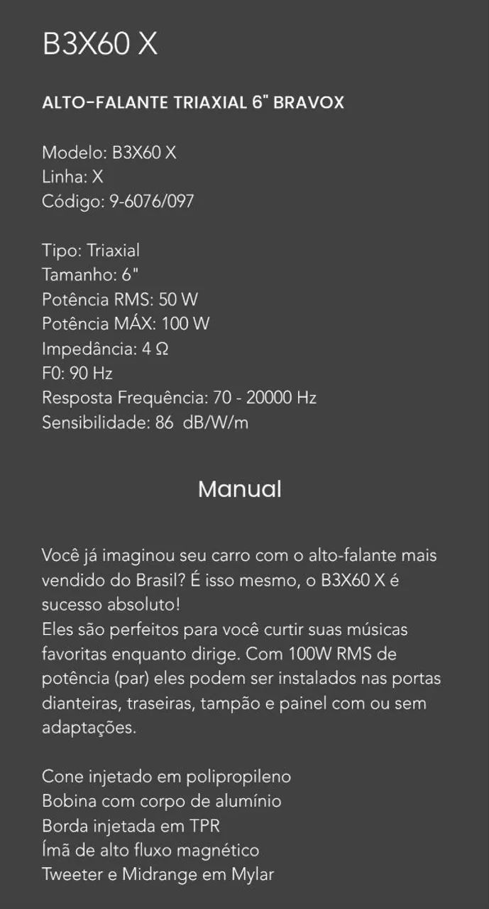 Par Alto Falante Bravox B3X60 Triaxial 50w novo (par Par Alto Falante Bravox B3X60 Triaxial 50w novo (par