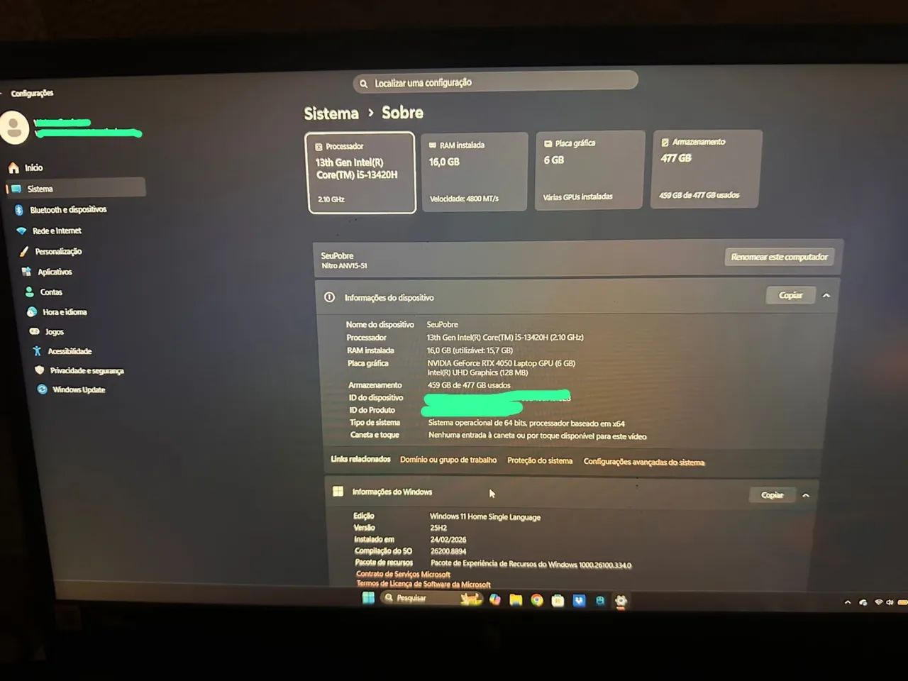 Acer nitro V15 ( RTX 4050 )