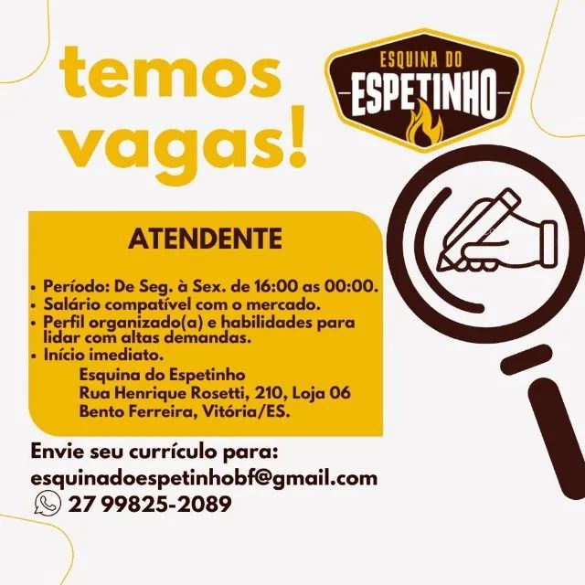 Atendente/Garçom - Segunda a Sexta Feira em Vitória 