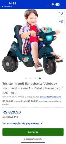 Triciclo Infantil Bandeirante Velobaby Reclinável - 2 em 1 - Pedal