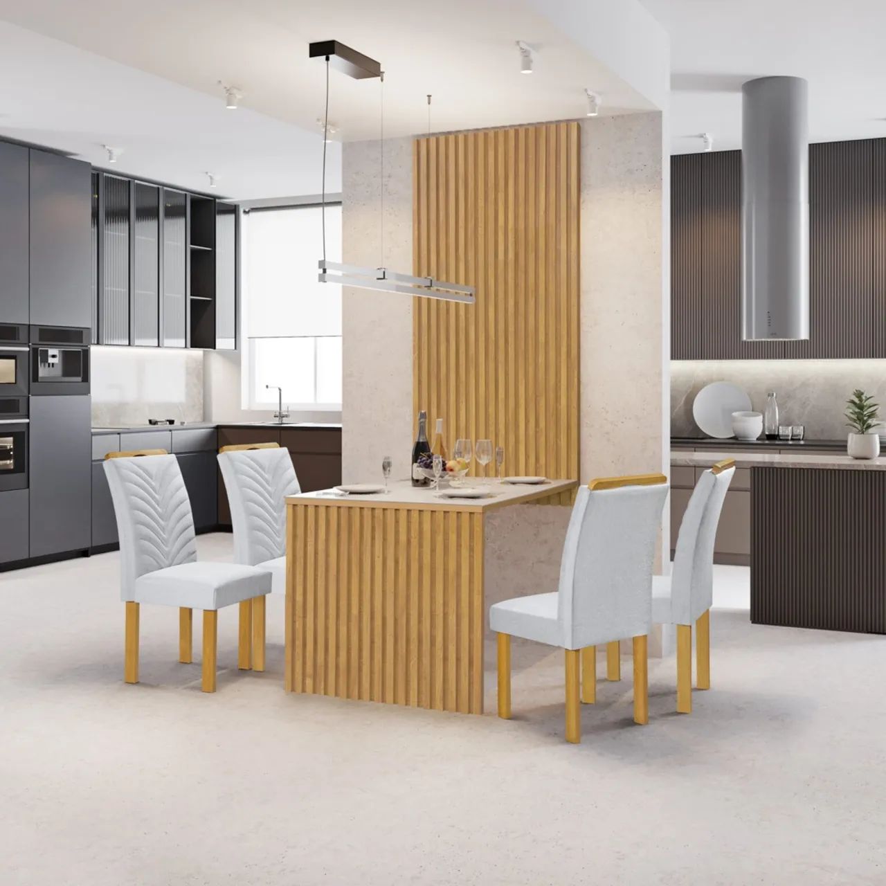 Mesa de Jantar + Painel Ripado com 4 Cadeiras p76