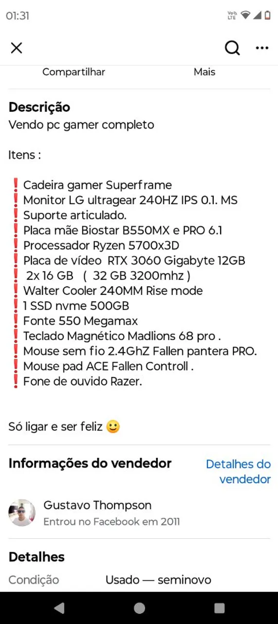 PC Gamer Completo - Ryzen 5700x3D e RTX 3060