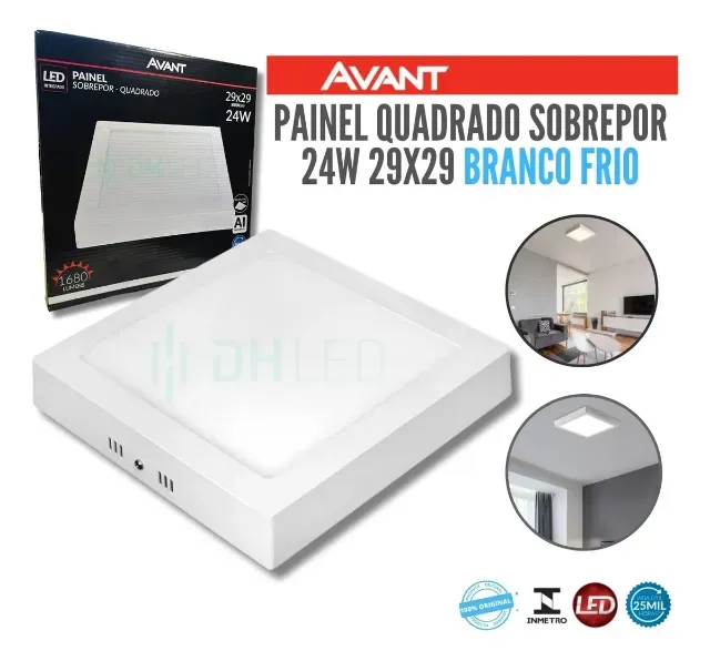 Kit 2 Painel LED sobrepor quadrado 29x29 24W 1680 lumens luz branca Avant