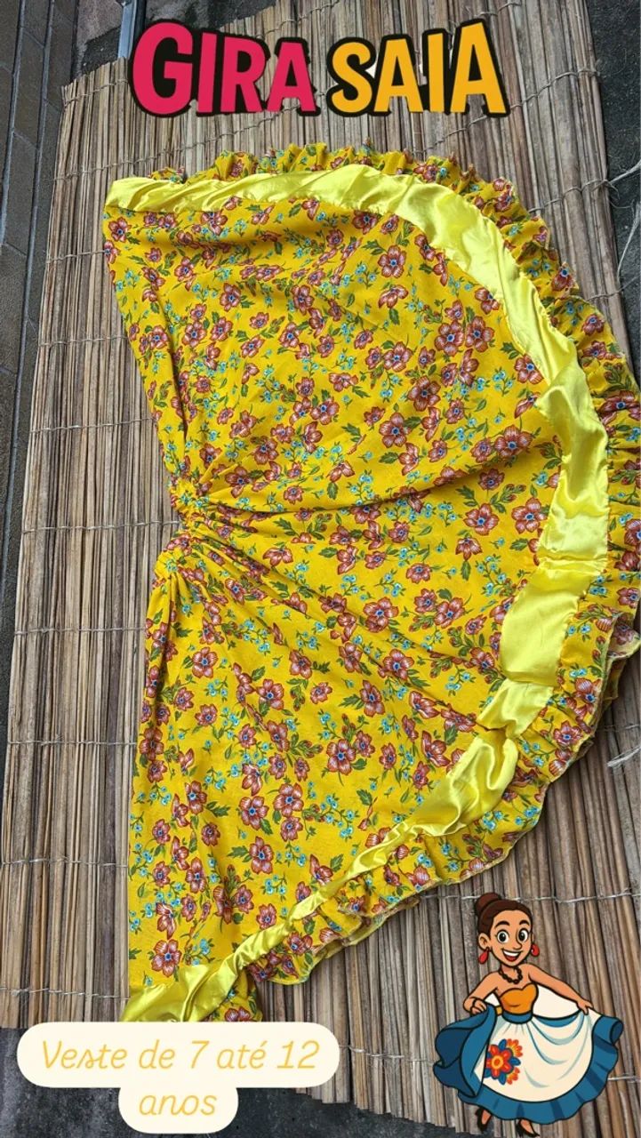 Saia de Festa Infantil Gira Saia - Amarela com Flores