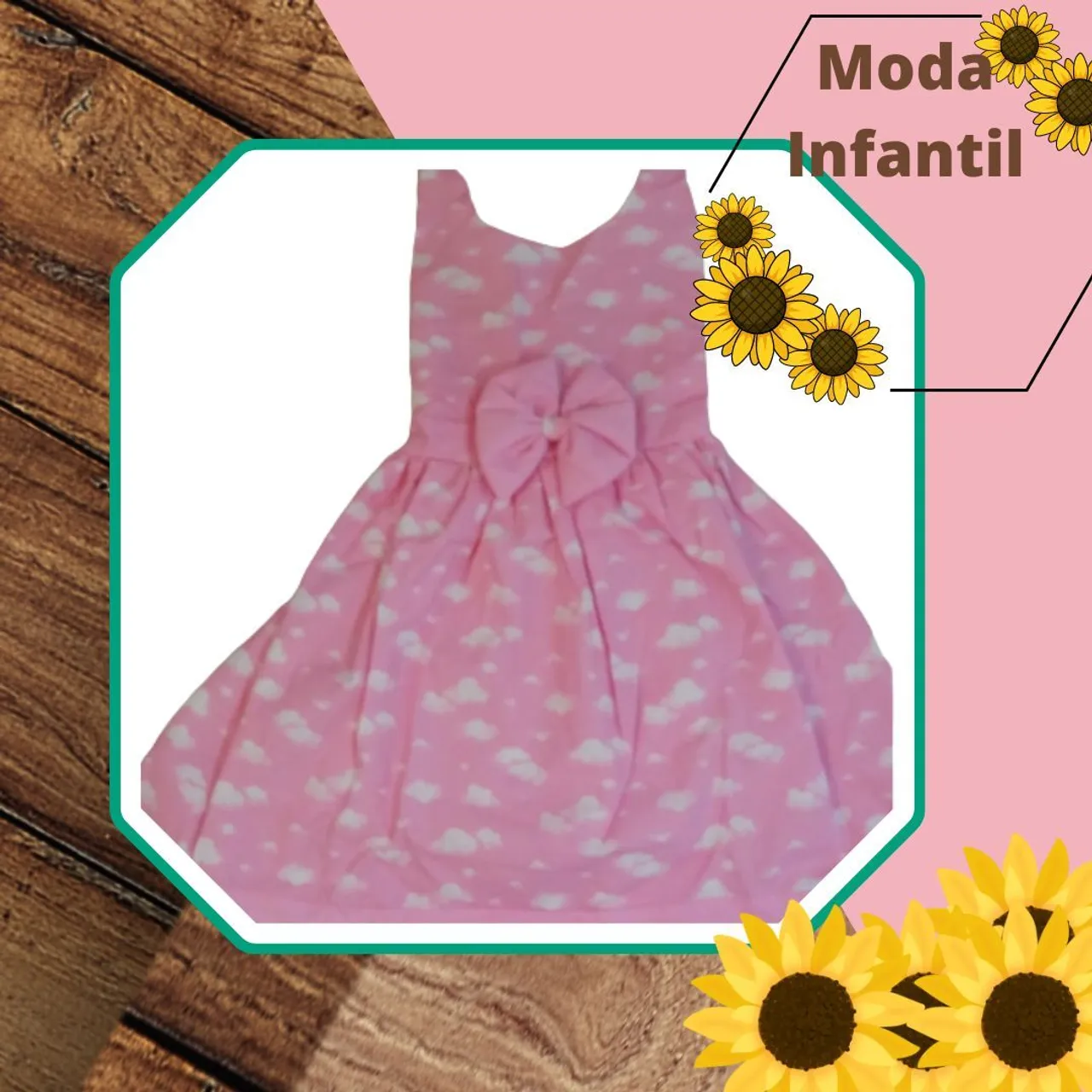 Vestido Luxinho - Rosa Claro com Nuvens Brancas ?<br>