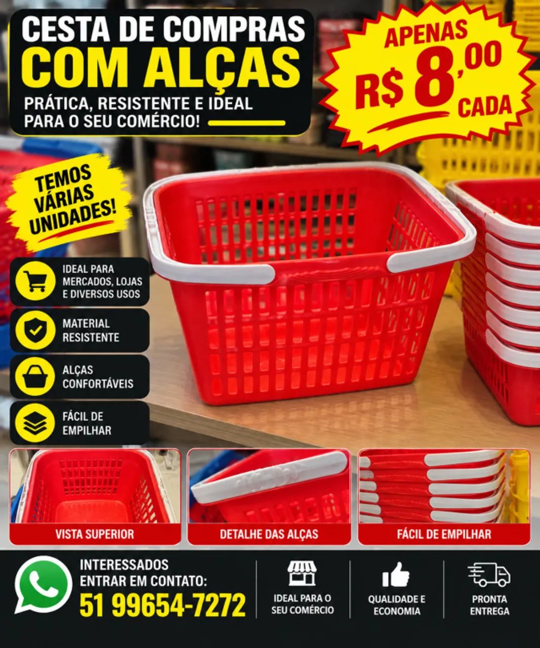 Cesta de Compras Plástica Empilhável com Alças