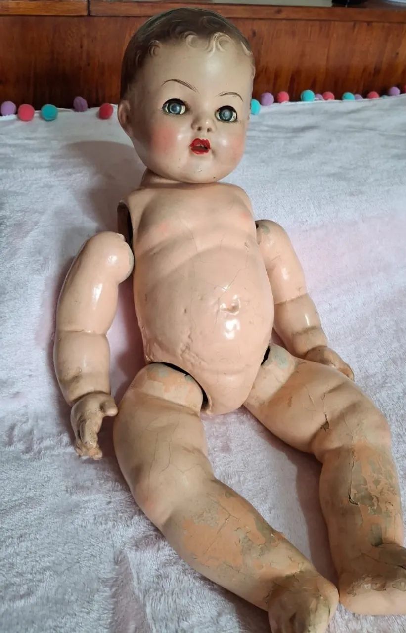 BEBÊ ANTIGO 53 CM - OLHOS DE VIDRO QUE ABREM E FECHAM - DÉCADA 40/50 