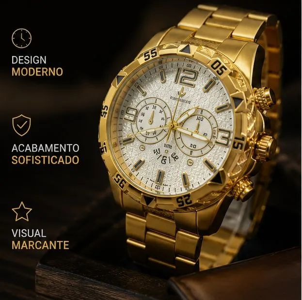 Relógio Masculino Dourado Cronógrafo Aço Inoxidável Novo
