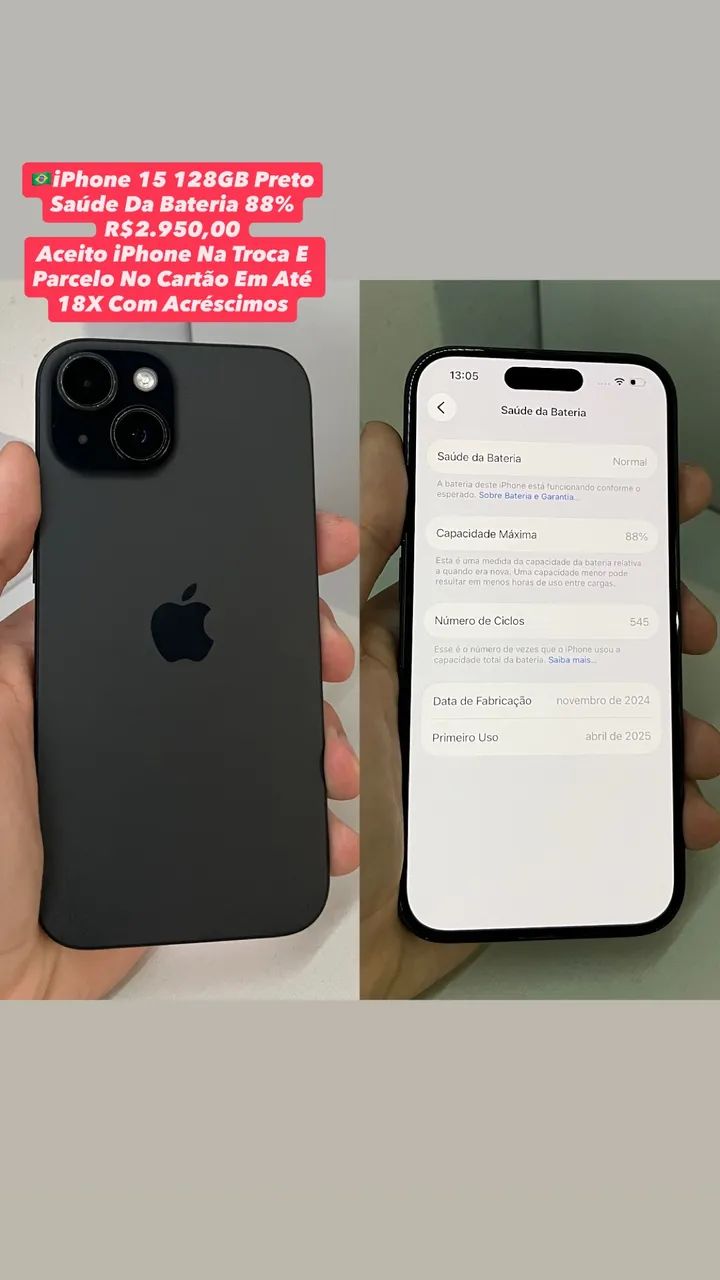 iPhone 15 128GB Preto | Saúde Da Bateria 88% (Usado)