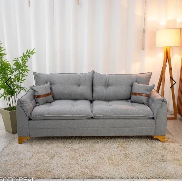 Sofá 3 Lugares Atenas 2,00m Linho Cinza Pillow Top Molas Bonnel