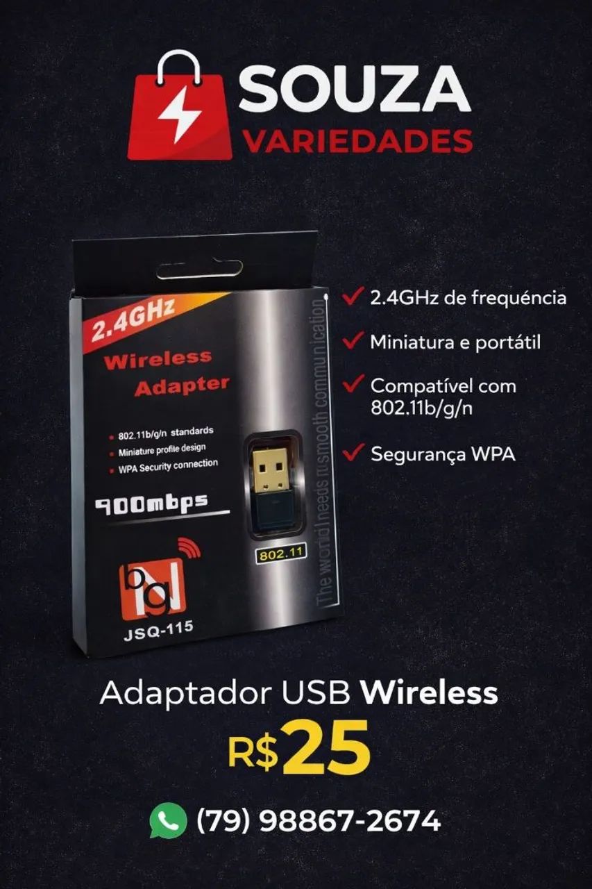 Adaptador Wi-Fi Wireless 2.4GHz 900Mbps
