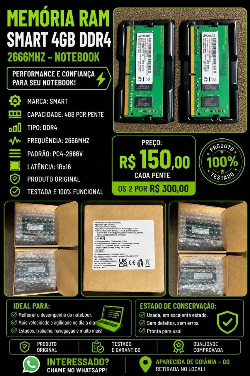  Memória RAM SMART 4GB DDR4 2666MHz - Notebook