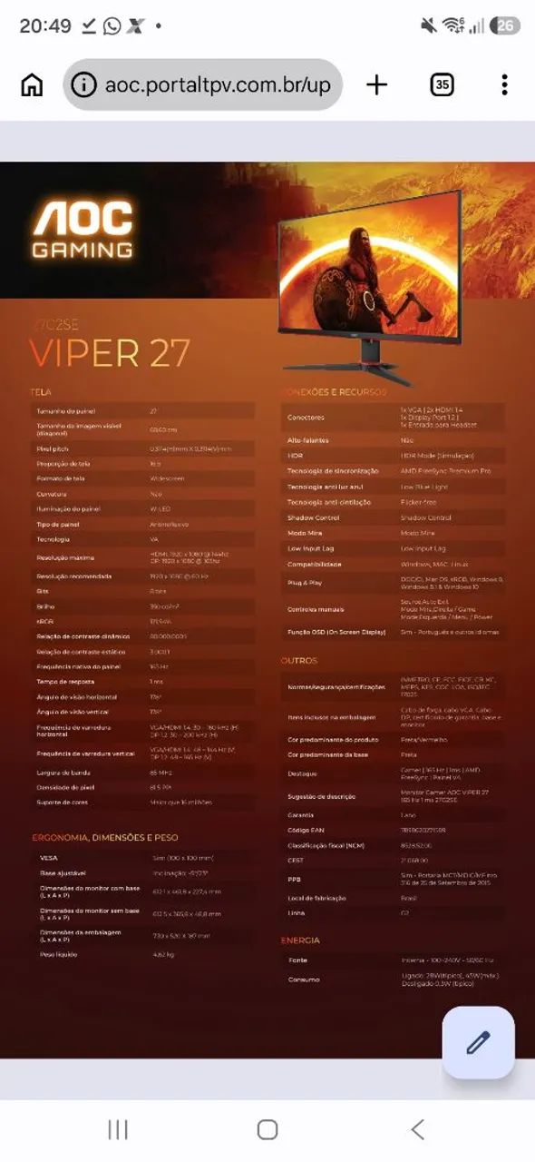 Monitor 27G2SE AOC VIPER 165hz 1ms  - Foto 3