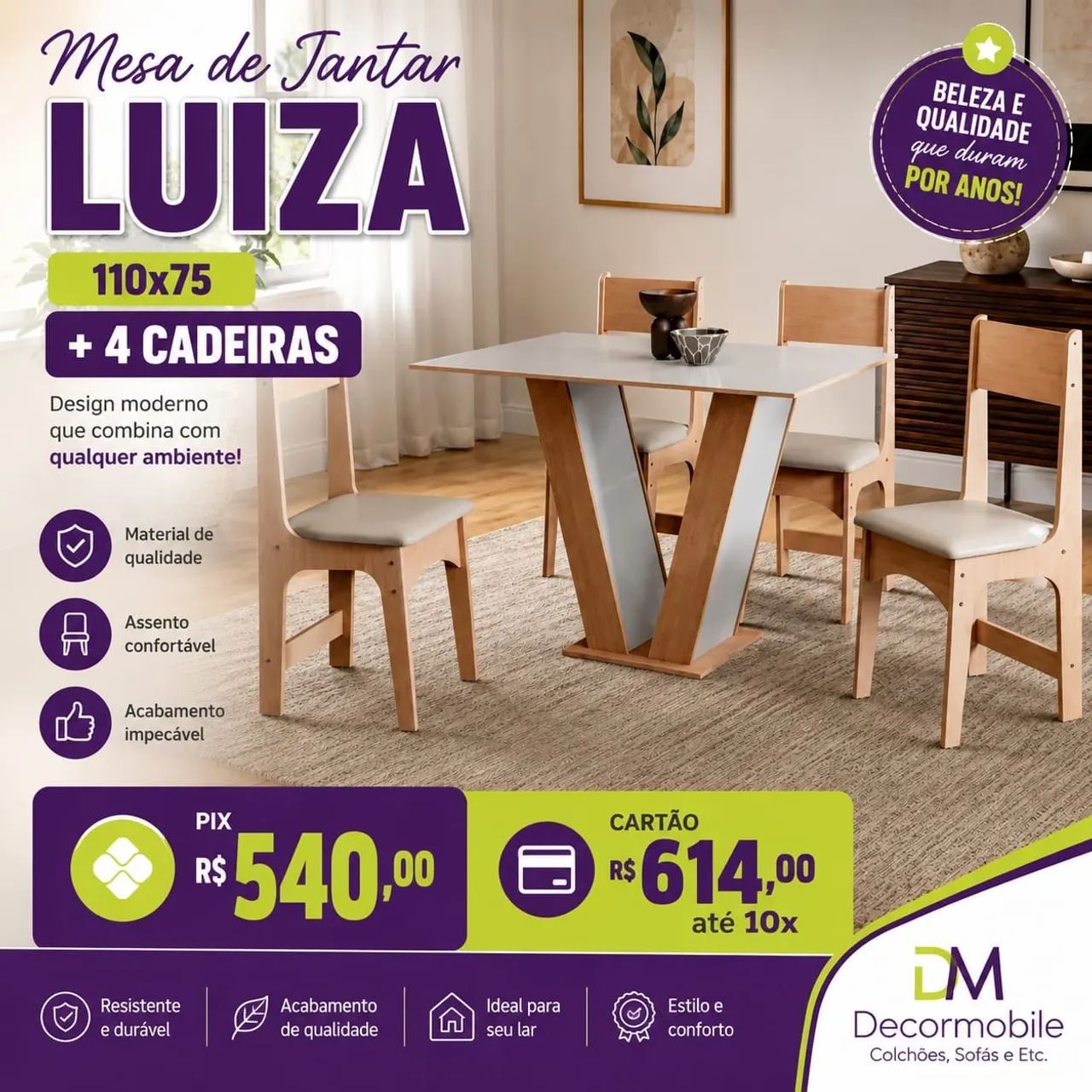 Mesa de jantar Luiza 110x75 + 4 cadeiras 