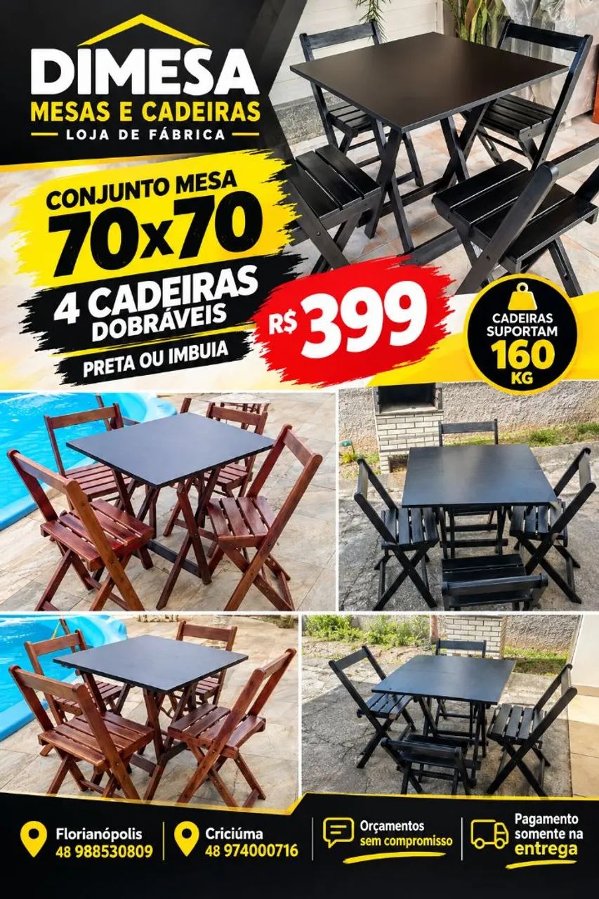 Conjunto mesa 70x70 com 4 cadeiras dobráveis 