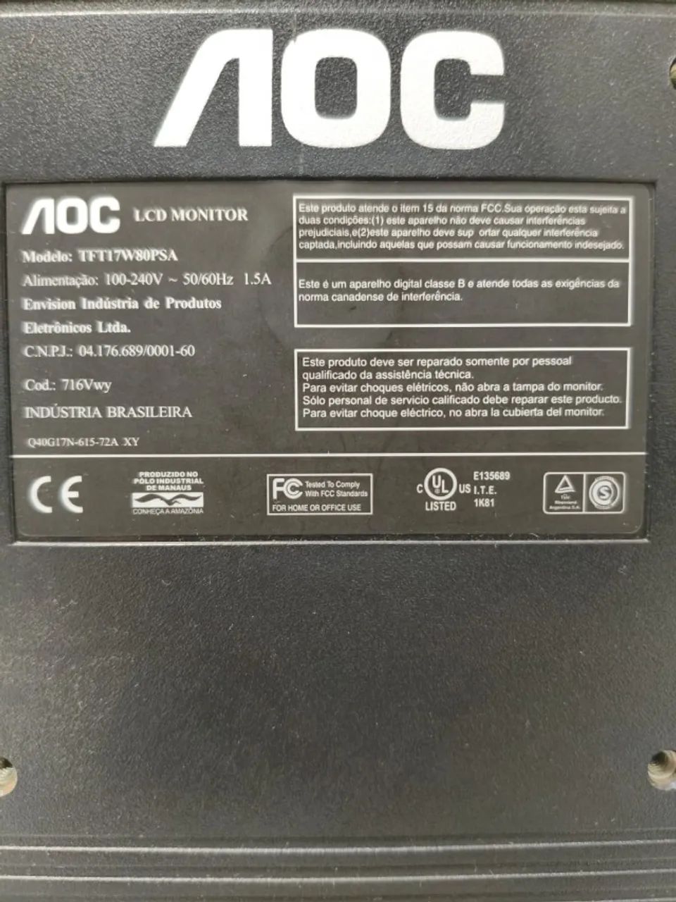 Monitor AOC TFT17W80PSA 17 Polegadas VGA DVI com Som - Foto 4