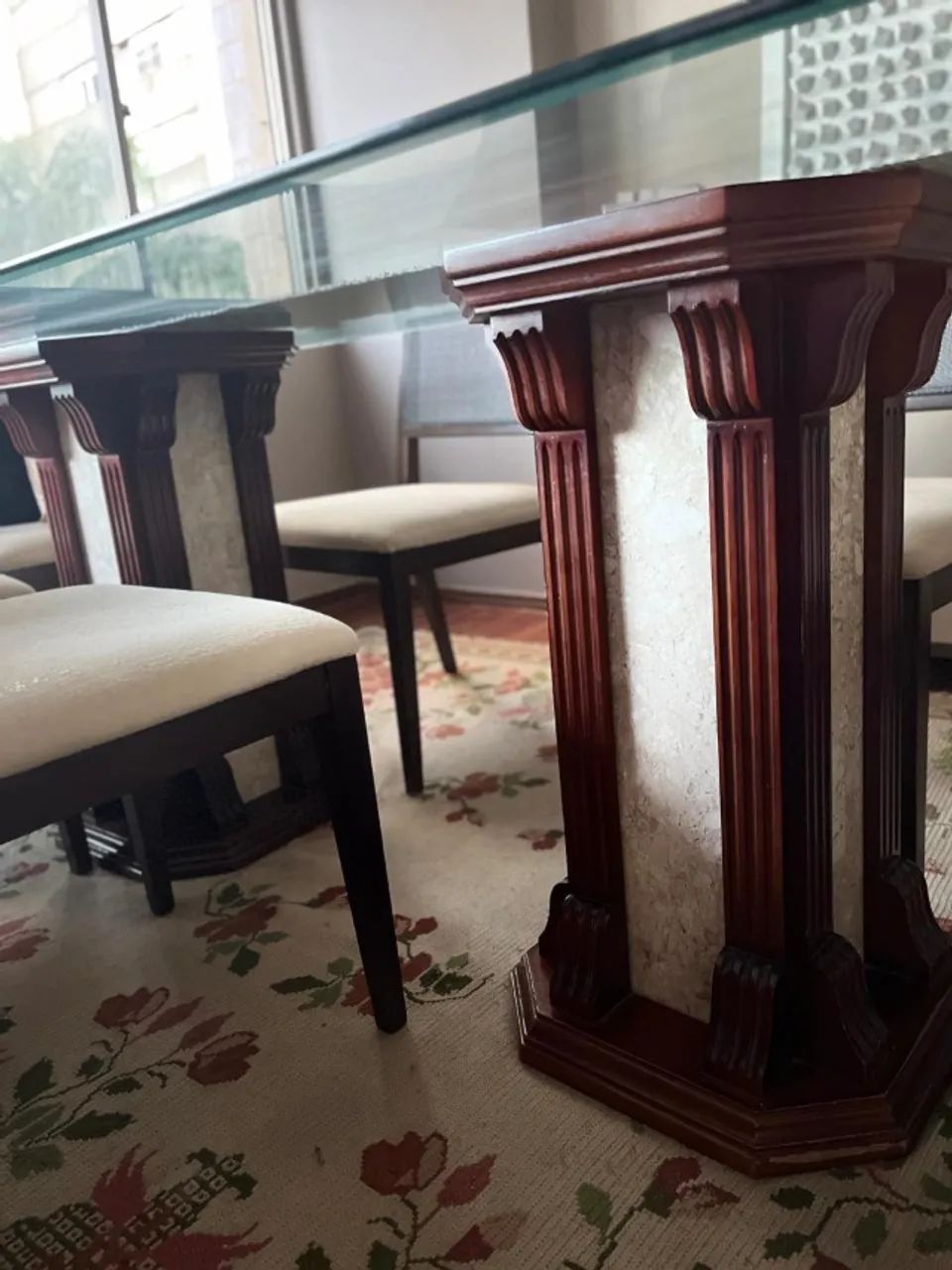 Mesa de jantar tampo de vidro pe de marmore64302123406209123