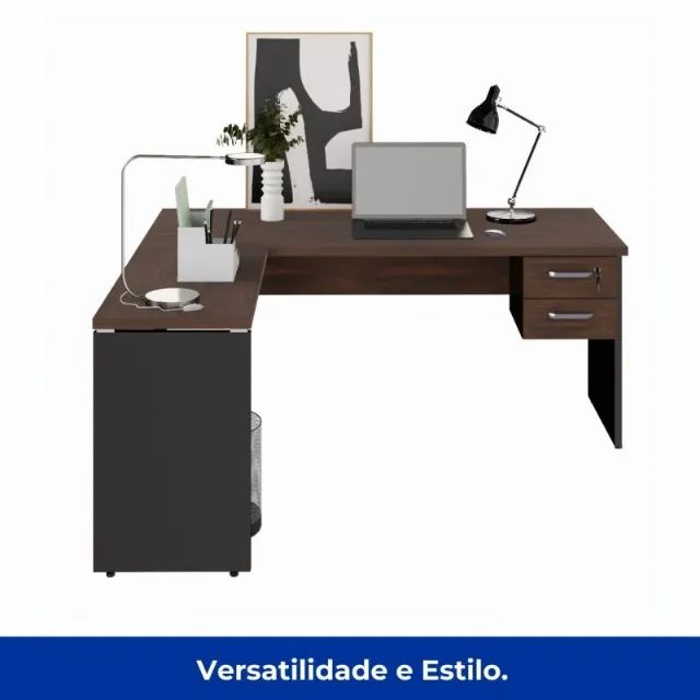 Mesa em L 1,70m + Auxiliar com 2 Gavetas Marsala Preto Amplo Espaço Escritório 23479 - Foto 5