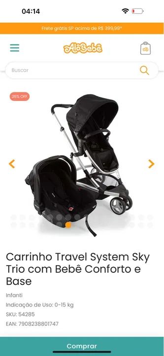 Carrinho de Bebê Travel System Sky Trio com Bebê Conforto e Base ...