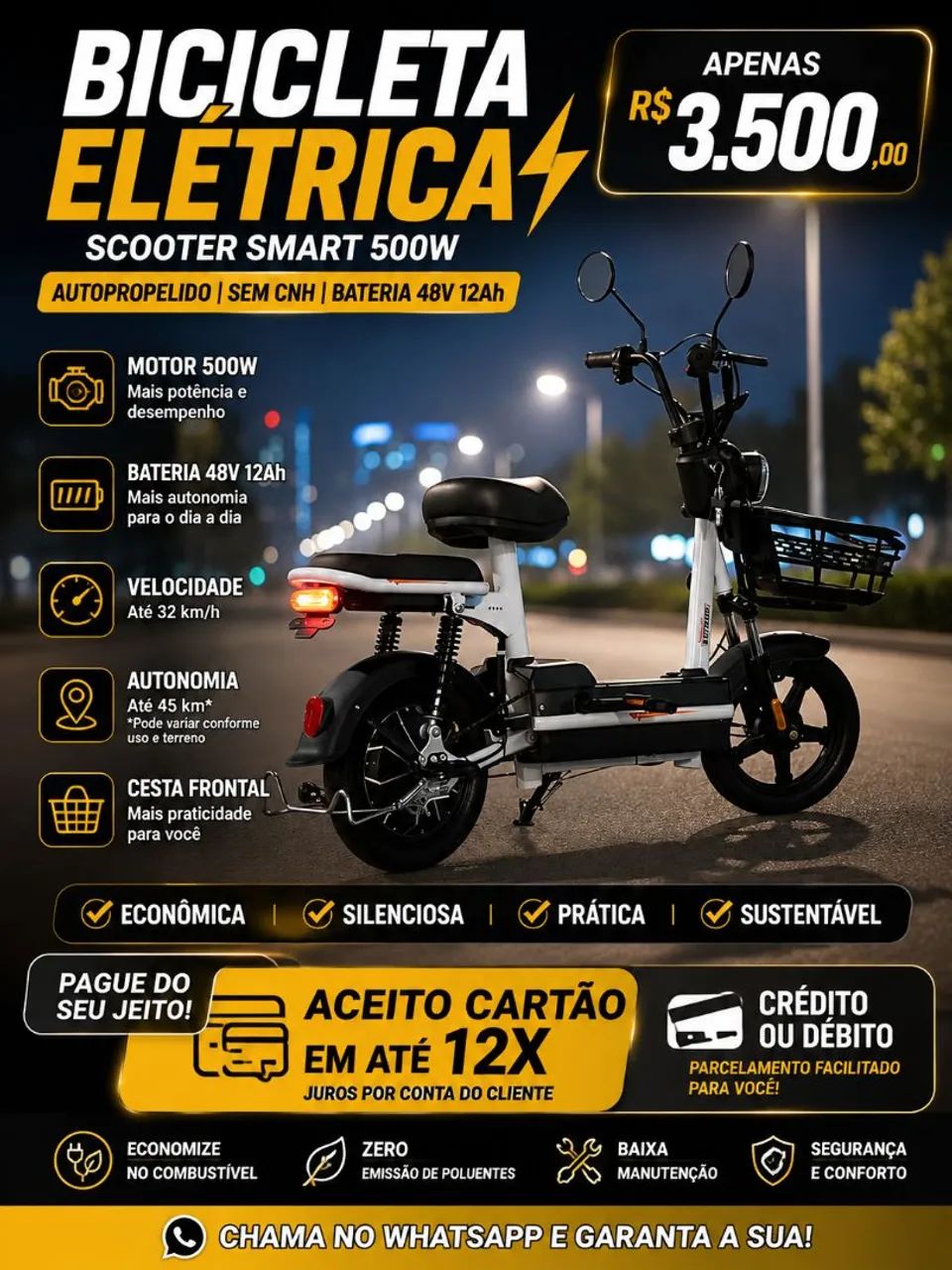 BICICLETA ELÉTRICA SMART 500W - R$ 3.500,00