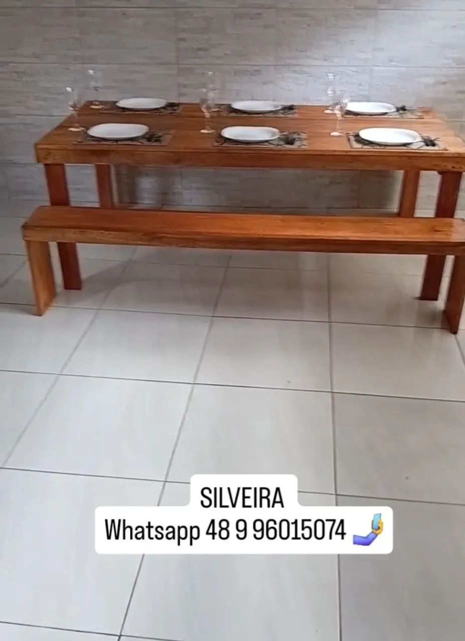 Mesa de madeira maciça para churrasco com bancos - Foto 3