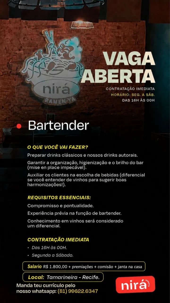 VAGA PARA BARTENDER- CONTRATAÇÃO IMEDIATA! 