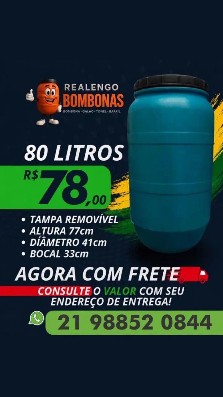 Bombona 80 litros Galão Tonel Tambor Barril Bombonas pra Água Gelo Ração Filtro Óleo Suco 