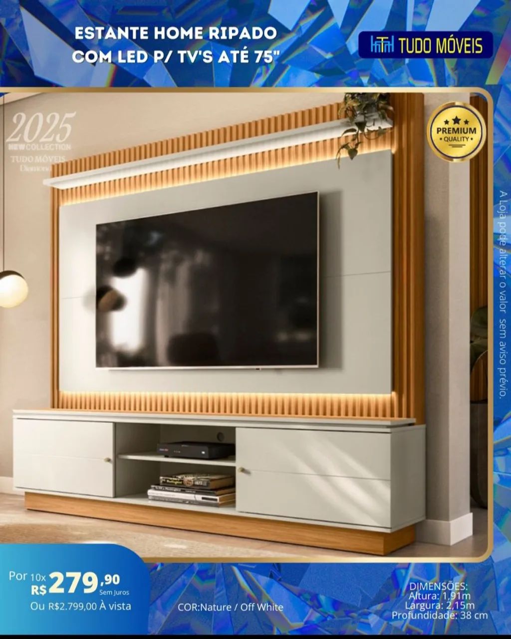 ESTANTE HOME RIPADO COM LED P/ TV ATÉ 75"
