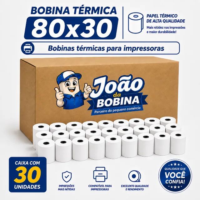 BOBINA TERMICA 80MM X 30M BRANCA CAIXA COM 30 UNIDADES IMPRESSORA TERMICA