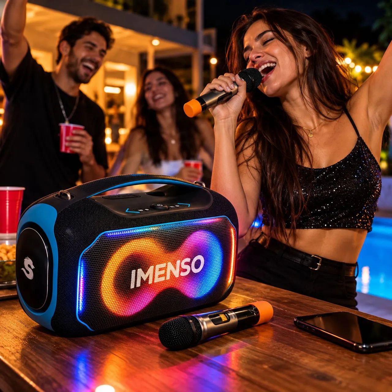 Caixa de Som Party Box Imenso com 2 Microfones Sem Fio e LED RGB - Foto 3