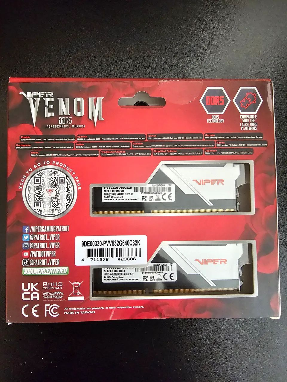 RAM DDR5 32GB 6400MHz Patriot Viper Venom CL32 - Memória RAM