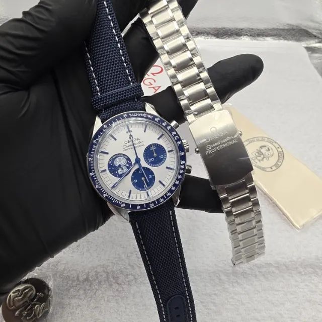 Omega Speedmaster Snoopy Automático 42mm Azul Prata + 2 Pulseiras - Foto 5