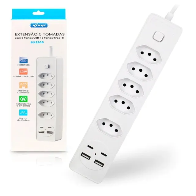 Filtro de Linha Extensão 5 Tomadas 2 Usb 2 Usb Tipo C Bivolt KNUP - BX2205 -Loja Coimbra