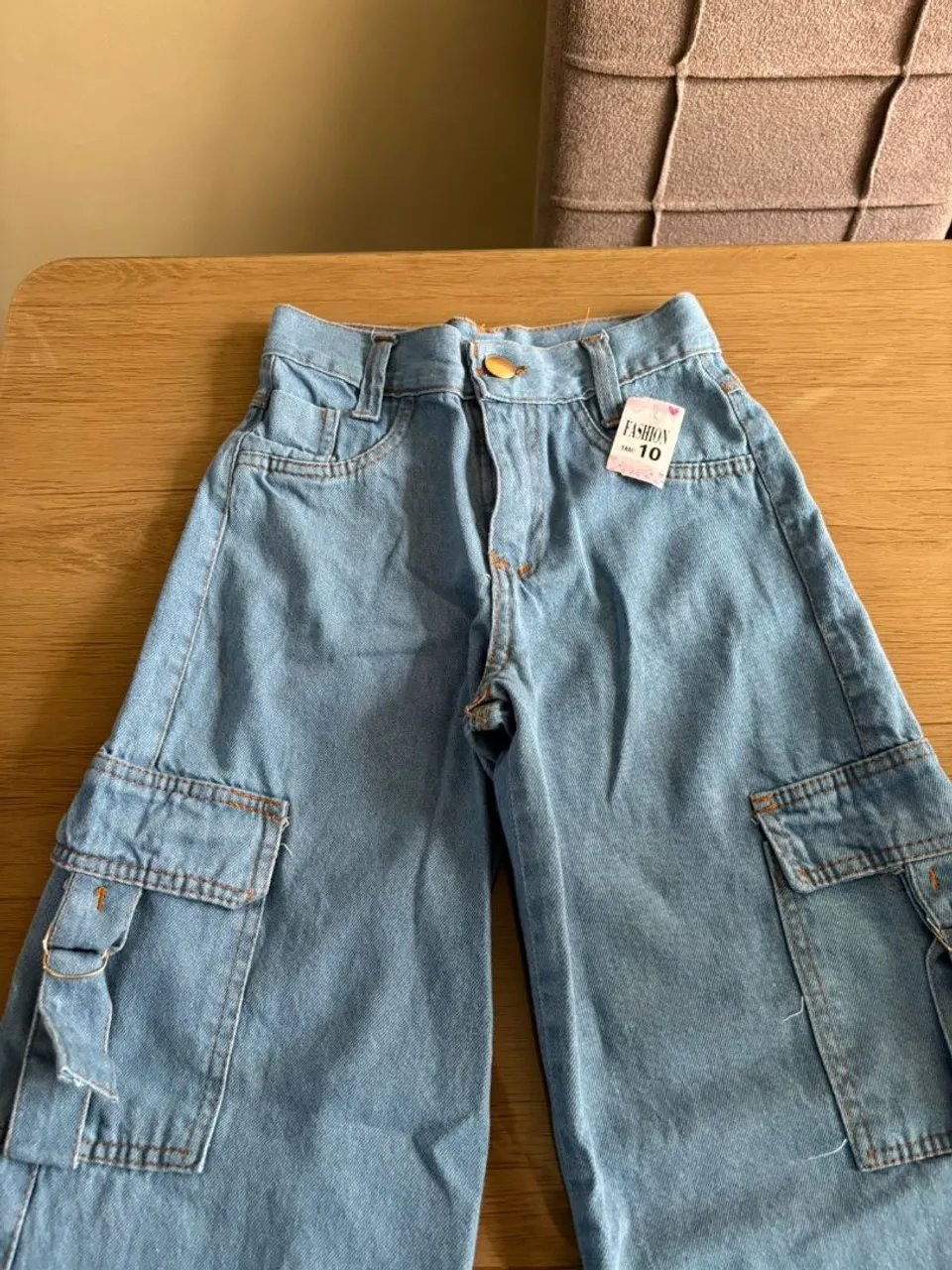Calça Wide leg Jeans Cargo Azul Tamanho 10