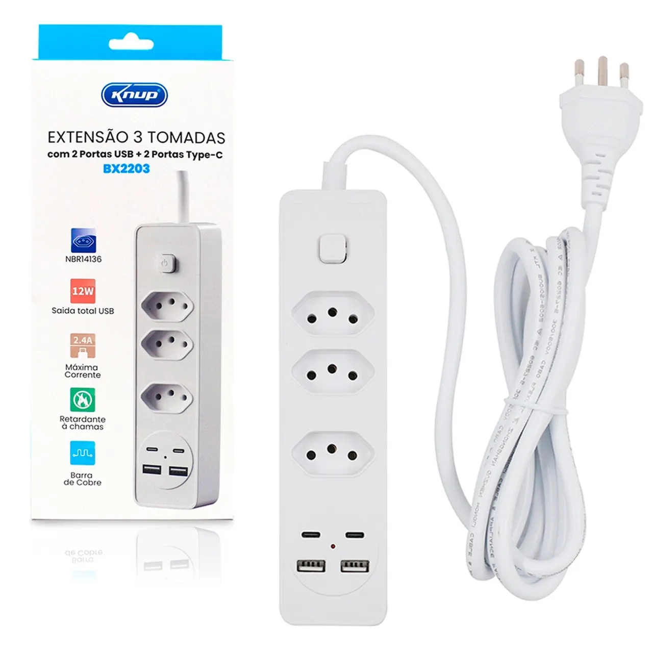 Filtro de Linha Extensão 3 Tomadas, 2 Usb, 2 Tipo C, Bivolt - Knup em São Luís ma