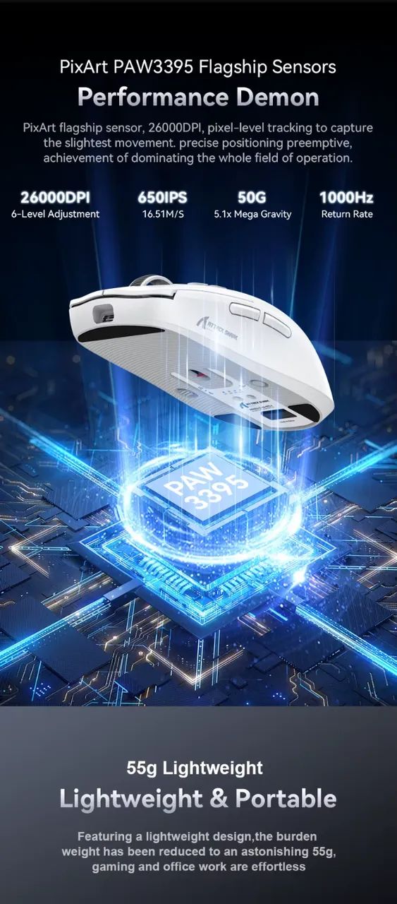 Mouse Attack Shark X6 Chip Paw 3395 Modo Triplo de Conexão Cores Preto ou Branco - Foto 2